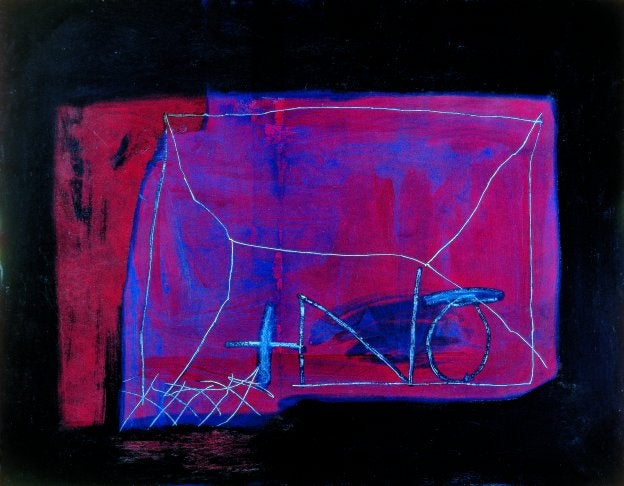 Cuadro (Técnica mixta sobre lienzo) de Antoni Tàpies. 'Grafismes blaus sobre vellut granat'.