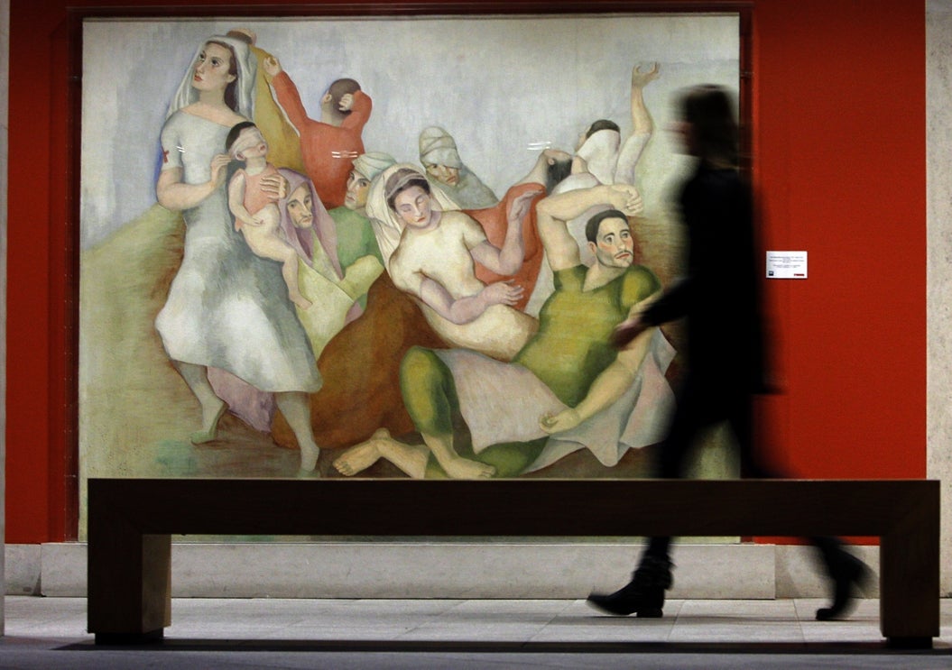 Detalle de uno de los cinco frescos del pintor Luis Quintanilla 'Ama la paz y odia la guerra', que se exhiben en el paraninfo de la UC. / Foto: Celedonio/
