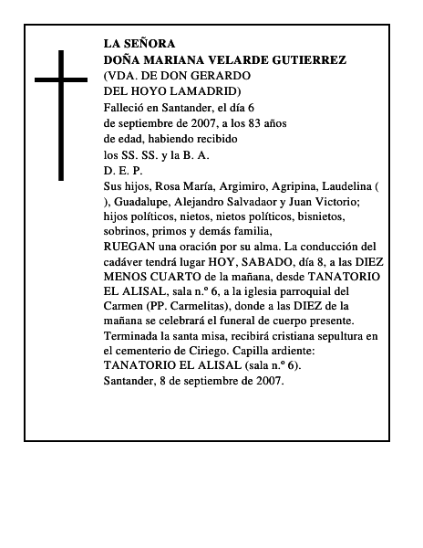 DOÑA MARIANA VELARDE GUTIERREZ