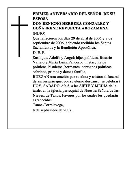 DON BENIGNO HERRERA GONZALEZ Y DOÑA IRENE REVUELTA AROZAMENA