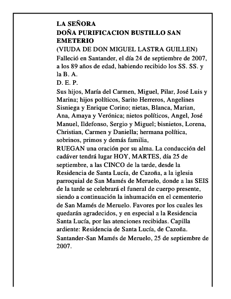 DOÑA PURIFICACION BUSTILLO SAN EMETERIO