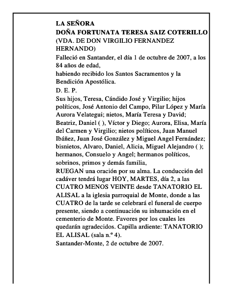 DOÑA FORTUNATA TERESA SAIZ COTERILLO