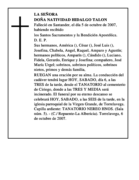 DOÑA NATIVIDAD HIDALGO TALON