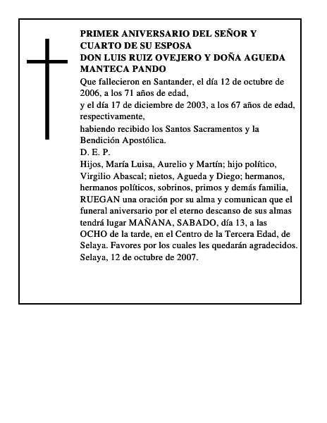 DON LUIS RUIZ OVEJERO Y DOÑA AGUEDA MANTECA PANDO