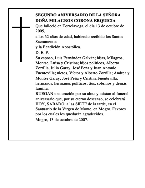 DOÑA MILAGROS CORONA ERQUICIA