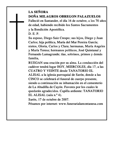 DOÑA MILAGROS OBREGON PALAZUELOS