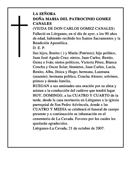 DOÑA MARIA DEL PATROCINIO GOMEZ CANALES