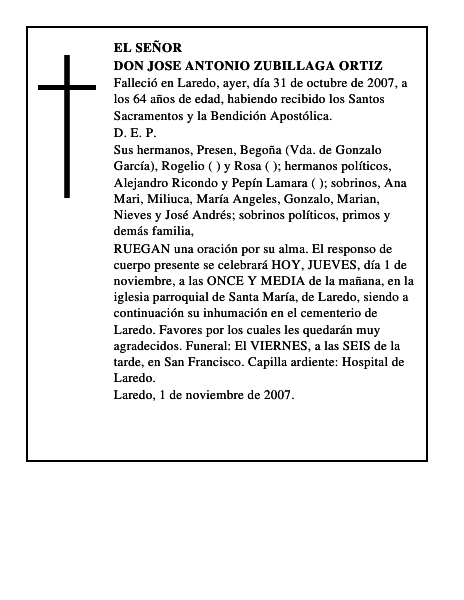 DON JOSE ANTONIO ZUBILLAGA ORTIZ