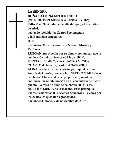 DOÑA BALBINA SETIEN COBO