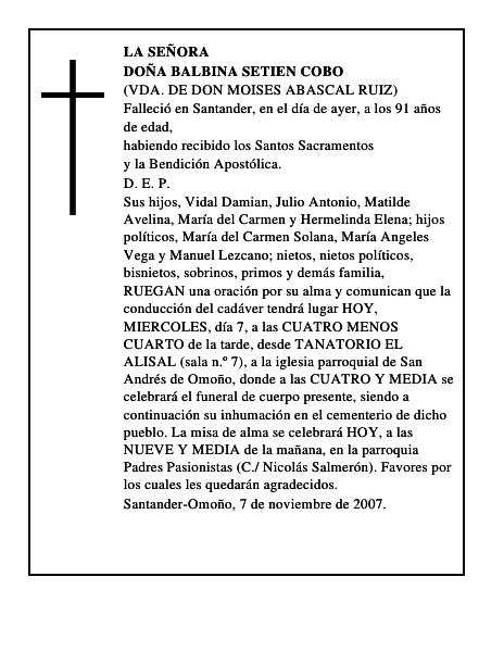 DOÑA BALBINA SETIEN COBO