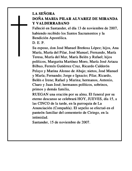 DOÑA MARIA PILAR ALVAREZ DE MIRANDA Y VALDERRABANO