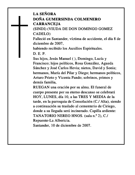 DOÑA GUMERSINDA COLMENERO CARRANCEJA