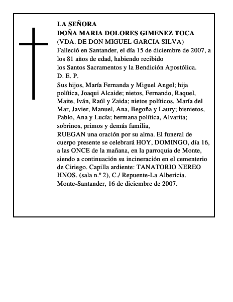 DOÑA MARIA DOLORES GIMENEZ TOCA
