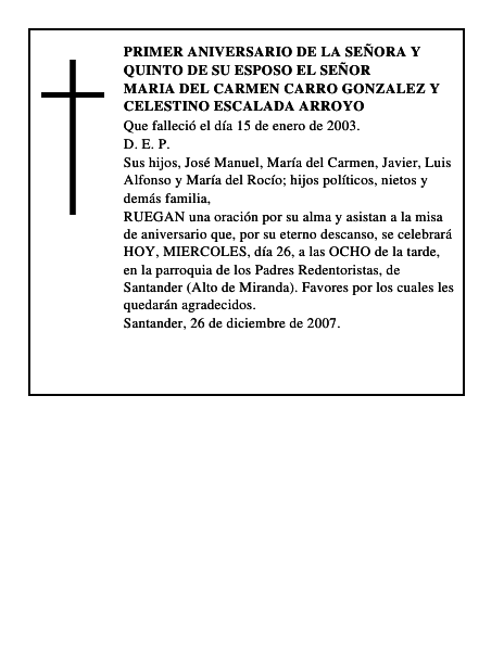 MARIA DEL CARMEN CARRO GONZALEZ Y CELESTINO ESCALADA ARROYO