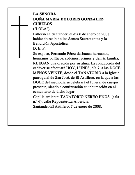 DOÑA MARIA DOLORES GONZALEZ CUBELOS