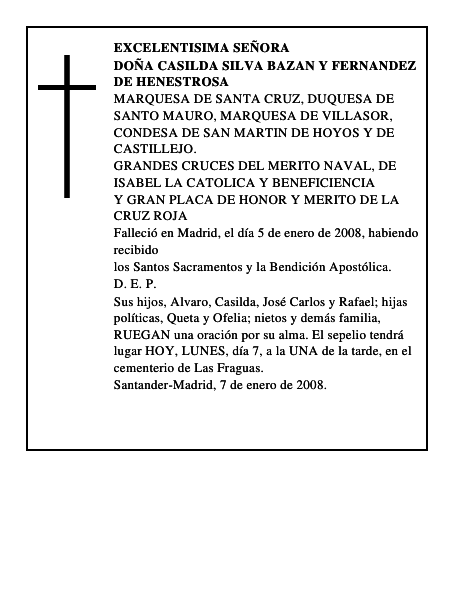 DOÑA CASILDA SILVA BAZAN Y FERNANDEZ DE HENESTROSA