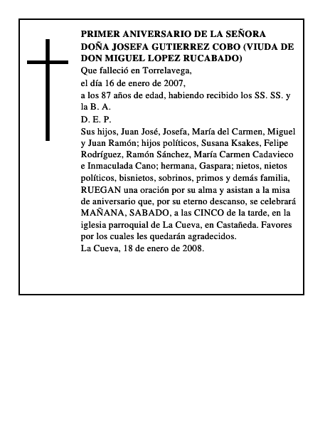 DOÑA JOSEFA GUTIERREZ COBO (VIUDA DE DON MIGUEL LOPEZ RUCABADO)