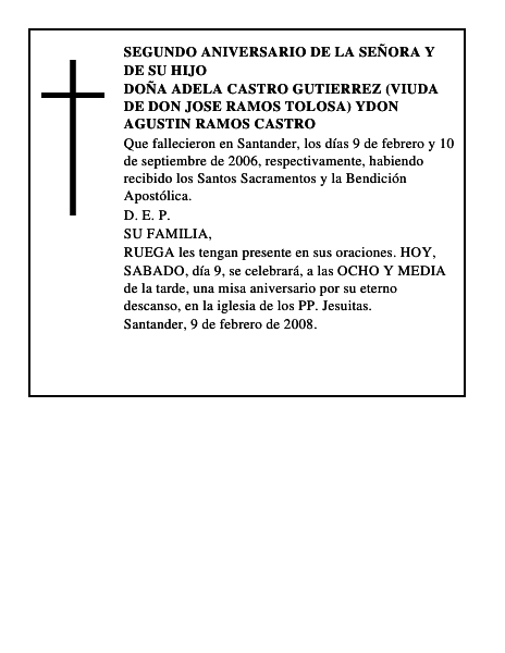 DOÑA ADELA CASTRO GUTIERREZ (VIUDA DE DON JOSE RAMOS TOLOSA) YDON AGUSTIN RAMOS CASTRO