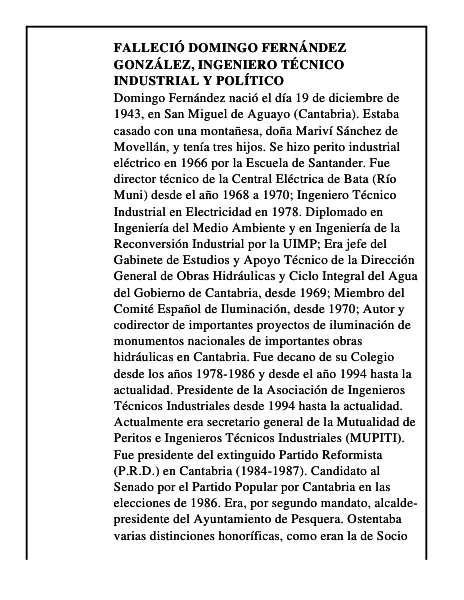 Falleció Domingo Fernández González, ingeniero técnico industrial y pol