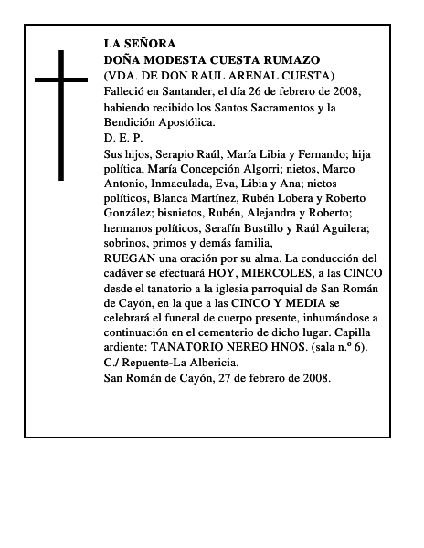 DOÑA MODESTA CUESTA RUMAZO