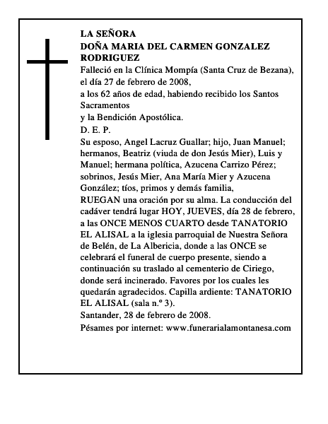 DOÑA MARIA DEL CARMEN GONZALEZ RODRIGUEZ