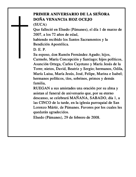 DOÑA VENANCIA HOZ OCEJO