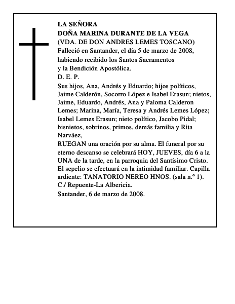 DOÑA MARINA DURANTE DE LA VEGA