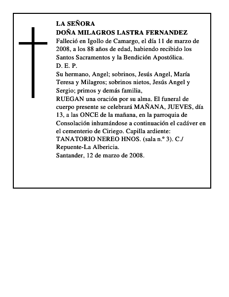 DOÑA MILAGROS LASTRA FERNANDEZ
