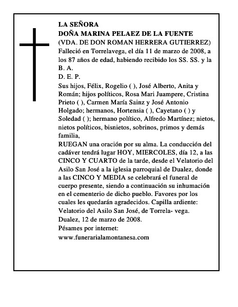 DOÑA MARINA PELAEZ DE LA FUENTE