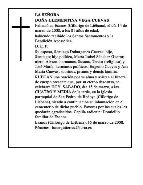 DOÑA CLEMENTINA VEGA CUEVAS
