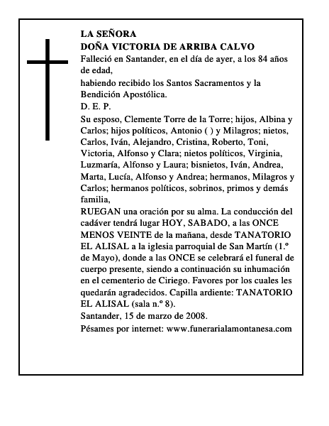 DOÑA VICTORIA DE ARRIBA CALVO