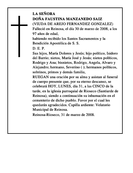 DOÑA FAUSTINA MANZANEDO SAIZ