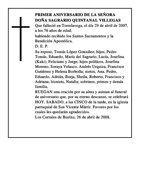 DOÑA SAGRARIO QUINTANAL VILLEGAS