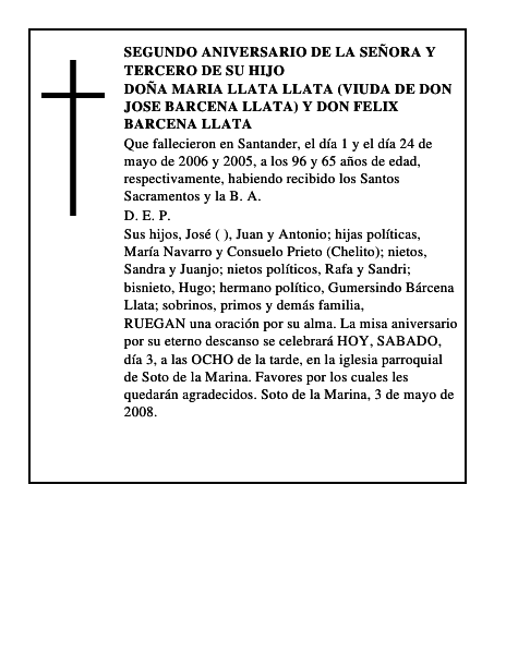 DOÑA MARIA LLATA LLATA (VIUDA DE DON JOSE BARCENA LLATA) y DON FELIX BARCENA LLATA
