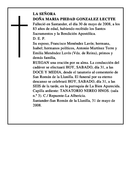 DOÑA MARIA PIEDAD GONZALEZ LECTTE