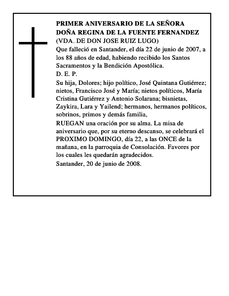 DOÑA REGINA DE LA FUENTE FERNANDEZ