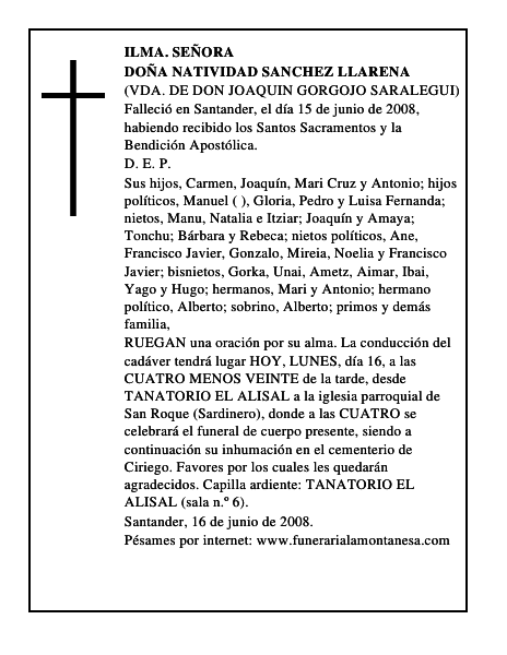 DOÑA NATIVIDAD SANCHEZ LLARENA