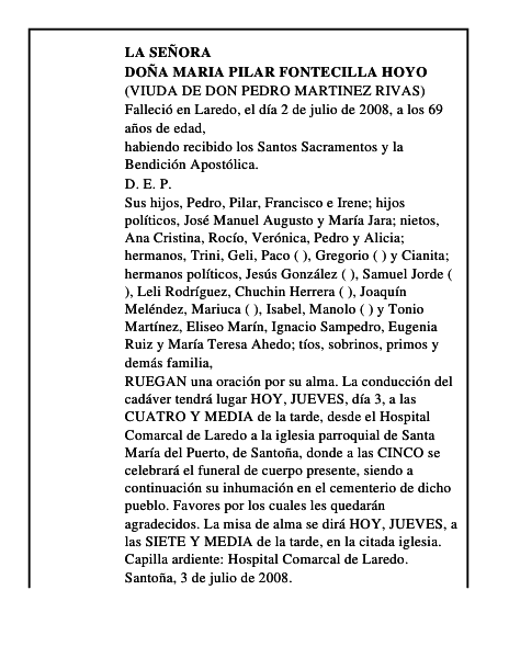 DOÑA MARIA PILAR FONTECILLA HOYO