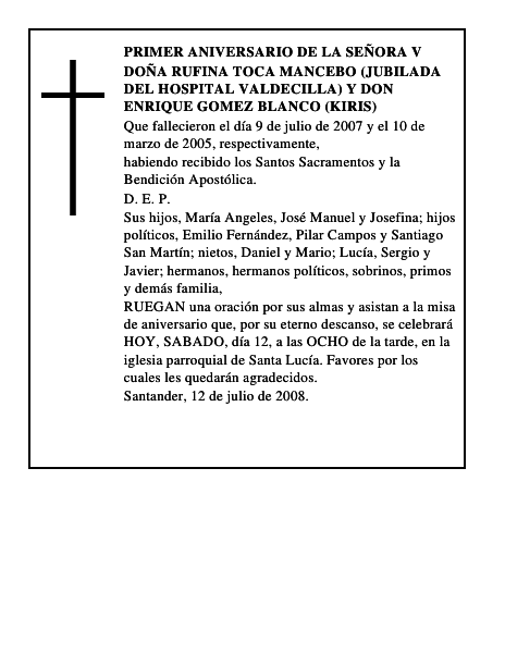 DOÑA RUFINA TOCA MANCEBO (JUBILADA DEL HOSPITAL VALDECILLA) Y DON ENRIQUE GOMEZ BLANCO (KIRIS