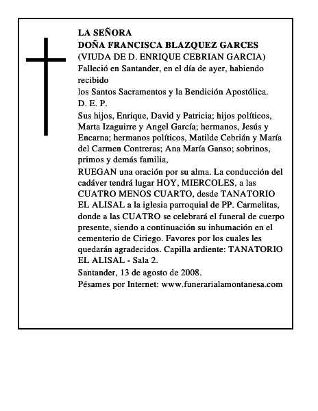 DOÑA FRANCISCA BLAZQUEZ GARCES
