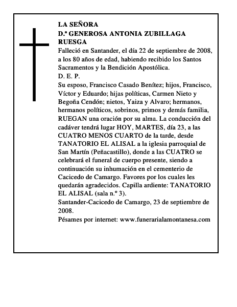 D.ª GENEROSA ANTONIA ZUBILLAGA RUESGA
