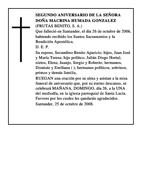 DOÑA MACRINA HUMADA GONZALEZ