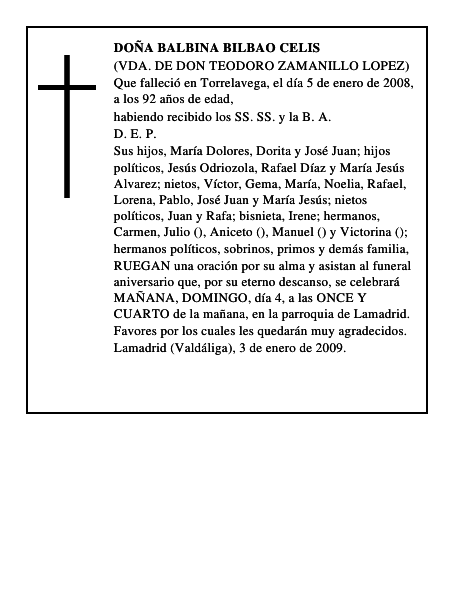 DOÑA BALBINA BILBAO CELIS