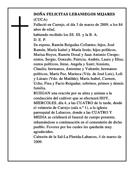 DOÑA FELICITAS LEBANIEGOS MIJARES