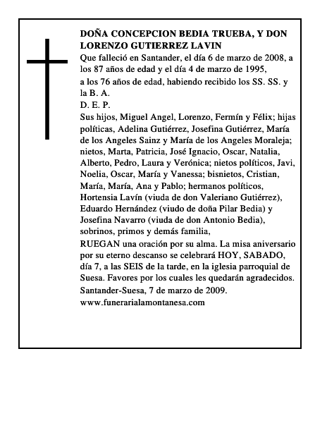 DOÑA CONCEPCION BEDIA TRUEBA, y DON LORENZO GUTIERREZ LAVIN