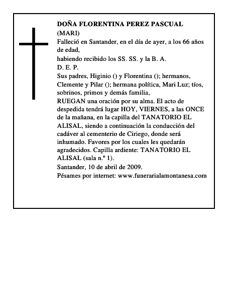 DOÑA FLORENTINA PEREZ PASCUAL