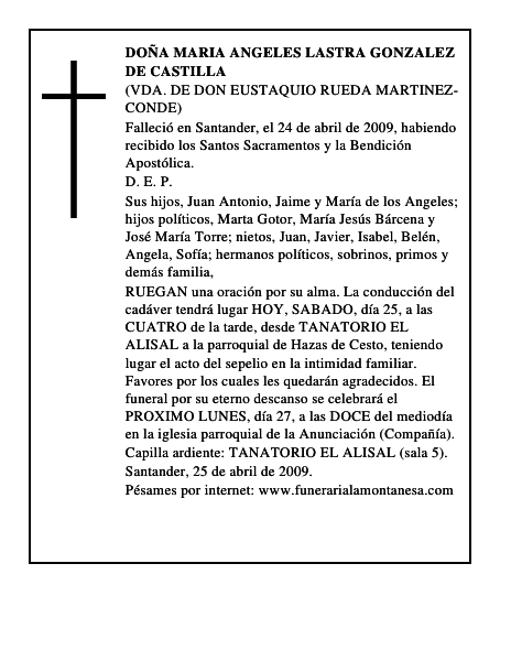 DOÑA MARIA ANGELES LASTRA GONZALEZ DE CASTILLA