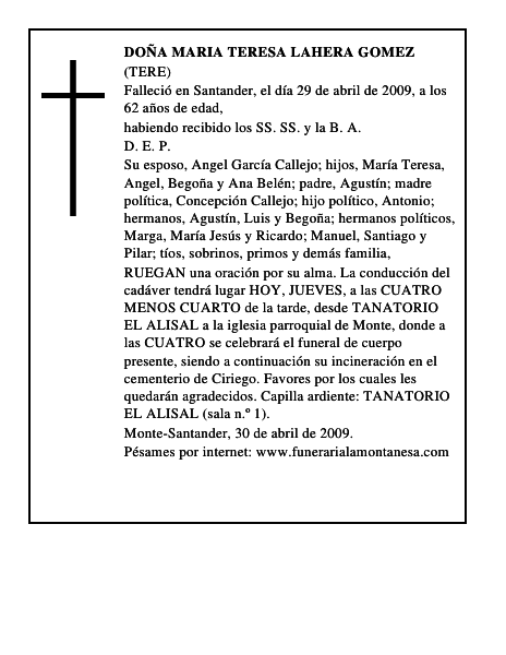DOÑA MARIA TERESA LAHERA GOMEZ
