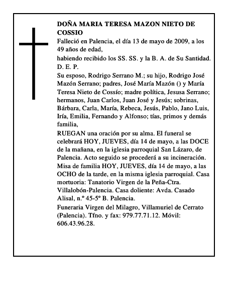 DOÑA MARIA TERESA MAZON NIETO DE COSSIO