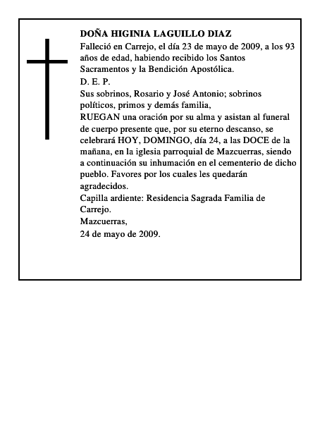 DOÑA HIGINIA LAGUILLO DIAZ